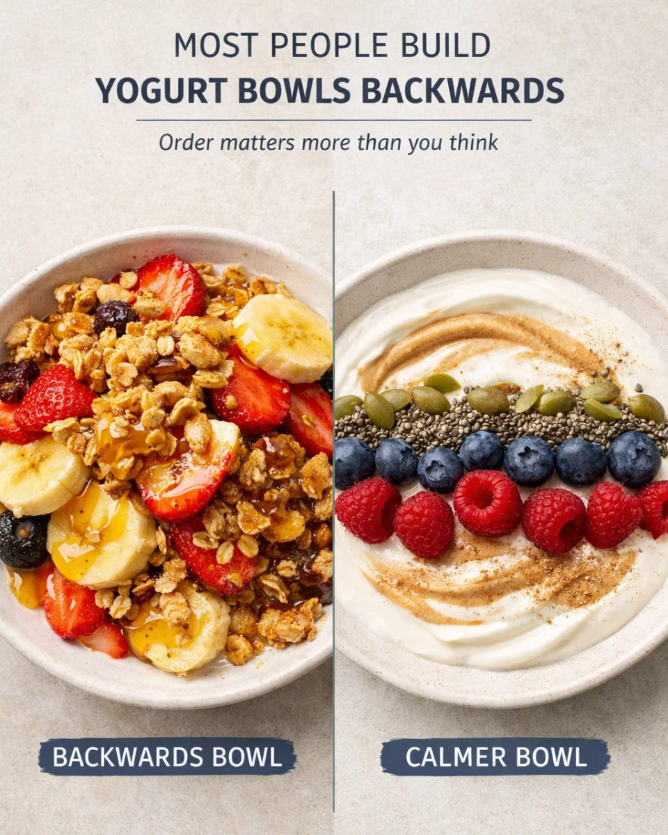 comparison of yogurt bowl built with sugary toppings first versus yogurt bowl built with protein and balanced toppings