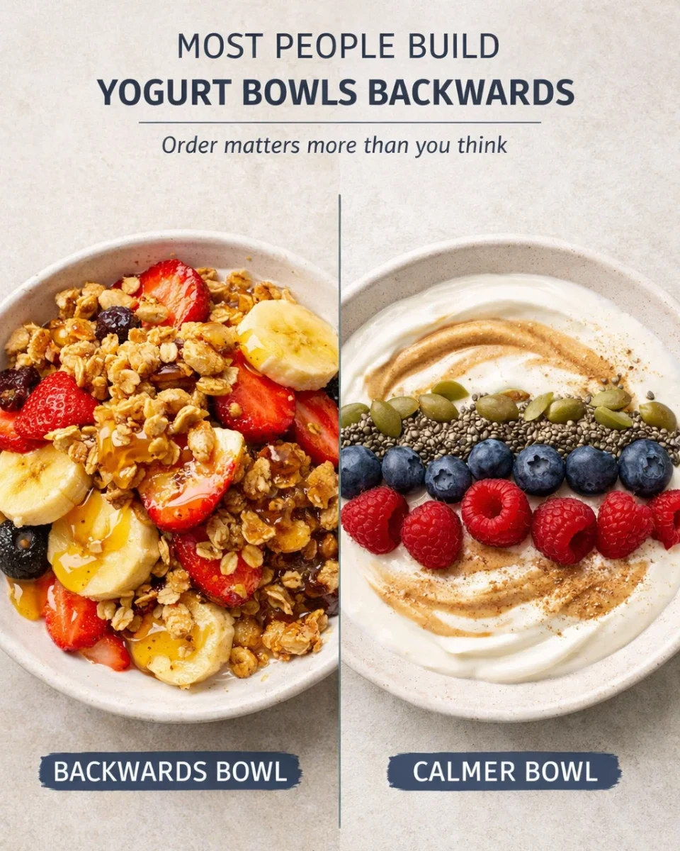 comparison of yogurt bowl built with sugary toppings first versus yogurt bowl built with protein and balanced toppings