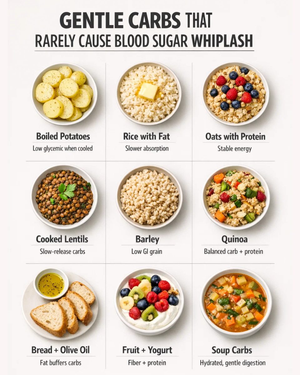 gentle carbs that rarely cause blood sugar whiplash including potatoes, oats, lentils, rice, quinoa, and soup