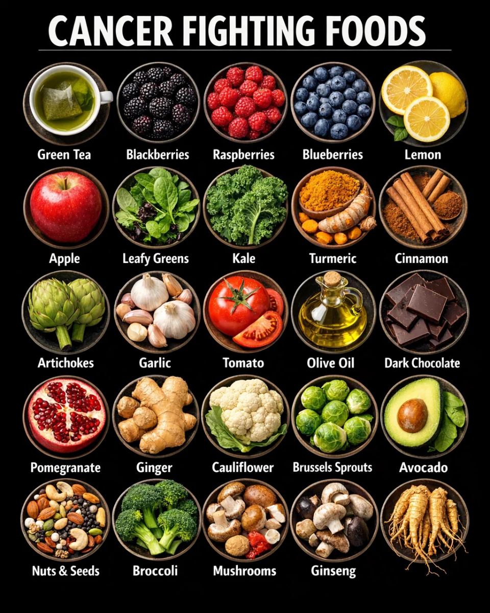 Cancer-fighting foods including berries, green tea, cruciferous vegetables, olive oil and nuts