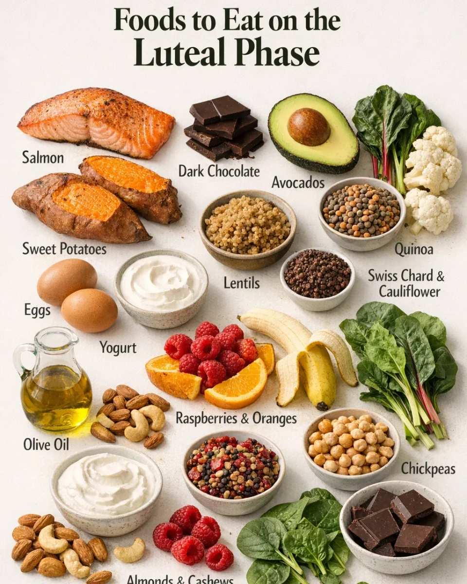 foods to eat during the luteal phase including salmon, eggs, lentils, sweet potatoes, yogurt, nuts, fruits, and leafy greens