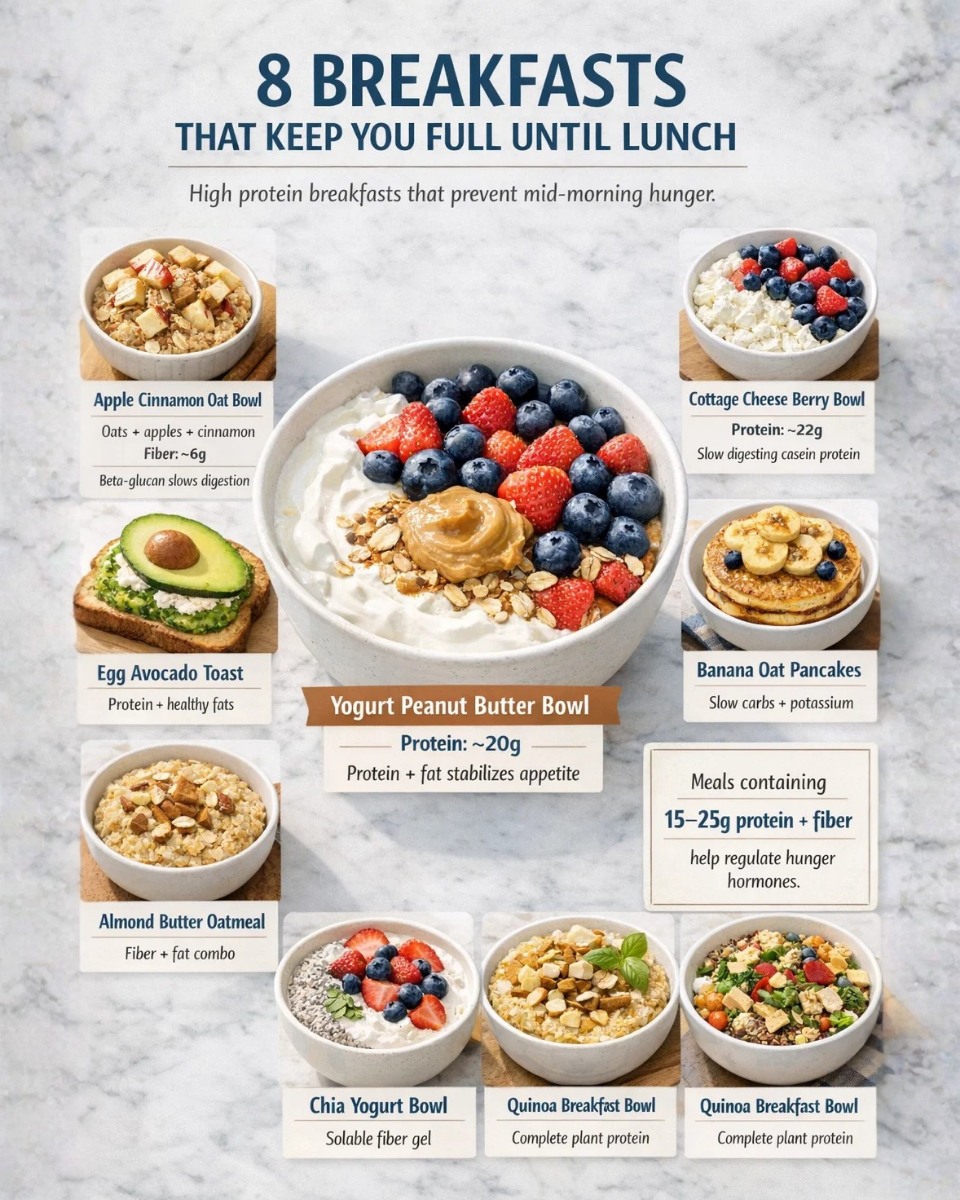 Discover 8 breakfasts that keep you full until lunch with protein, fiber, and healthy fats to support steady energy and reduce hunger.