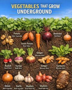 vegetables that grow underground including potato sweet potato carrot beetroot ginger turmeric radish turnip onion garlic and shallots