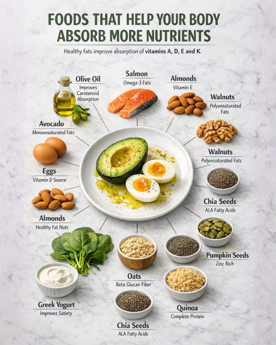 foods that help your body absorb more nutrients including avocado olive oil salmon nuts seeds eggs