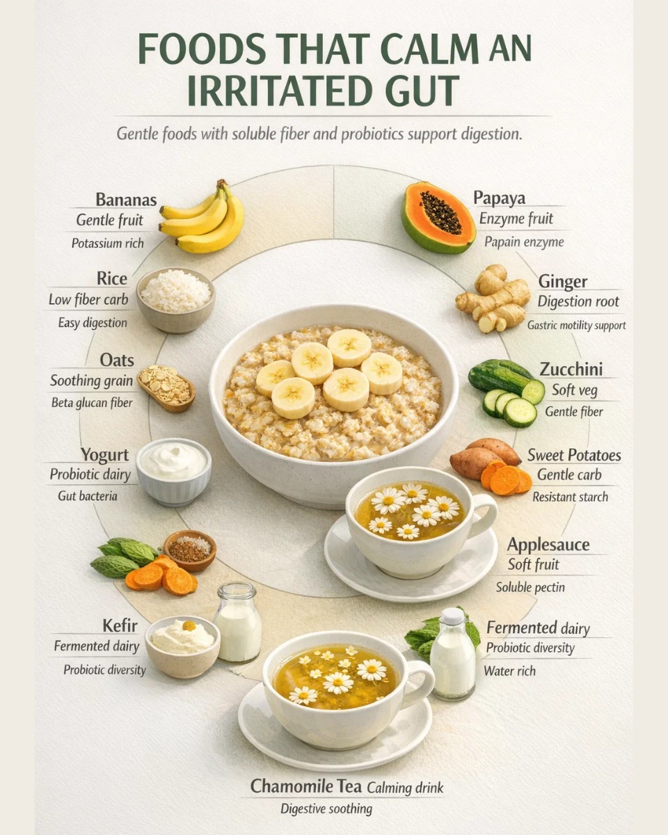 foods that calm an irritated gut including bananas rice oats yogurt ginger chamomile tea
