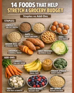 budget-friendly foods that help stretch a grocery budget including lentils oats eggs chickpeas brown rice and frozen vegetables
