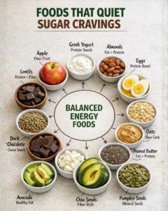 foods that help reduce sugar cravings including yogurt almonds eggs oats chia seeds avocado and dark chocolate