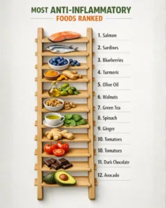 anti-inflammatory foods ranked including salmon sardines blueberries turmeric olive oil walnuts green tea spinach ginger tomatoes dark chocolate and avocado