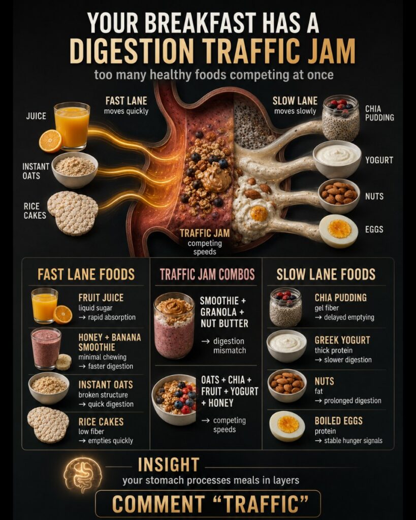 A vibrant infographic illustrating Breakfast Digestion Traffic Jam with fast and slow-digesting foods converging in a st