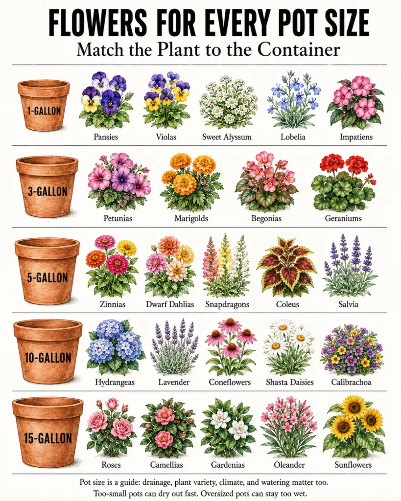 Infographic showing various pot sizes 1-gallon to 15-gallon and examples of suitable flowering plants for each with clea