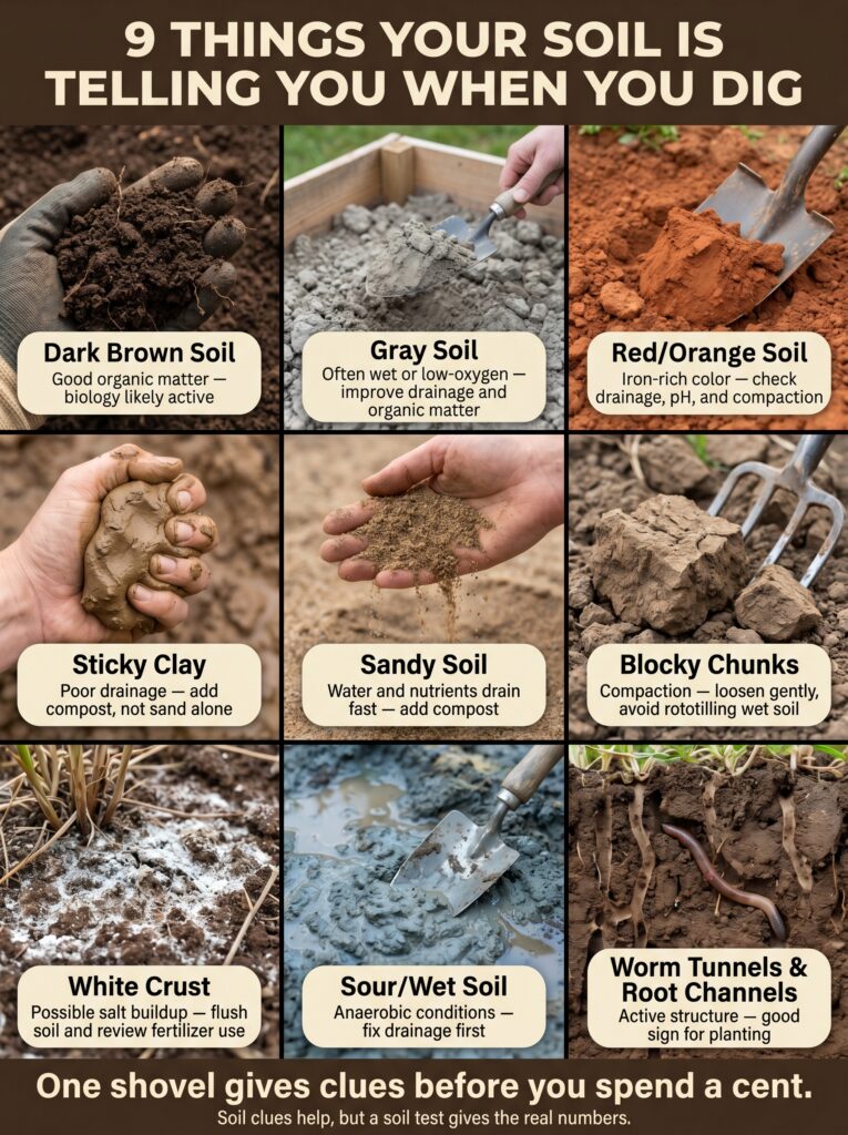 Infographic illustrating 9 different soil conditions found when digging showing visual cues like dark brown grey reddish