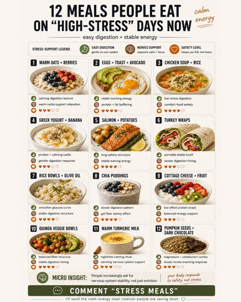 A beautiful calming flat lay of a variety of stress-support meals like warm oats eggs with avocado toast chicken soup an