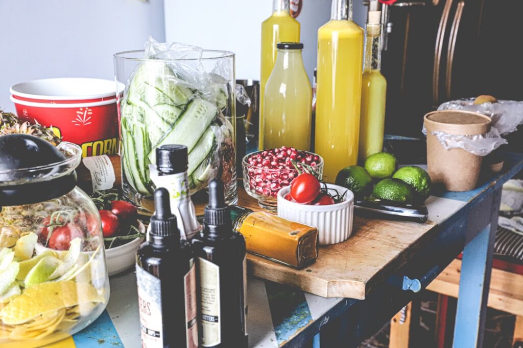 A minimalist modern image featuring a neatly organized meal prep station with various healthy ingredients in clear glass