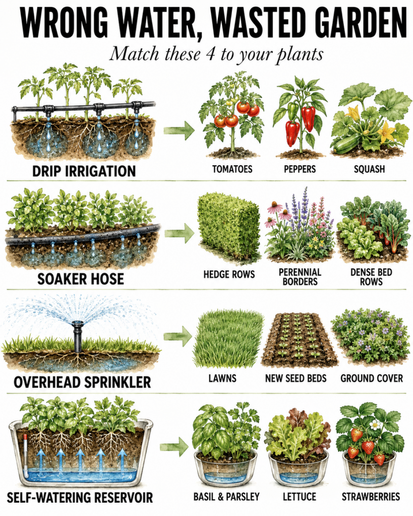 Infographic showing different watering methods like drip irrigation soaker hose overhead sprinkler and self-watering res