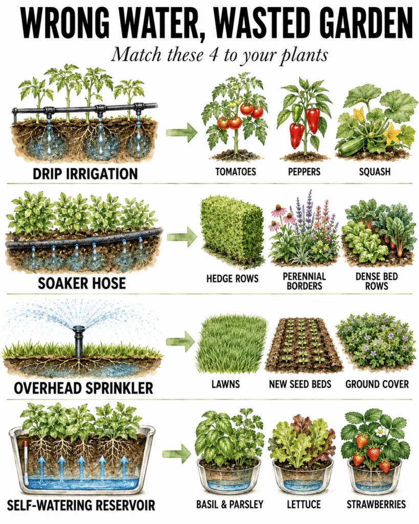 Infographic showing different watering methods like drip irrigation soaker hose overhead sprinkler and self-watering res