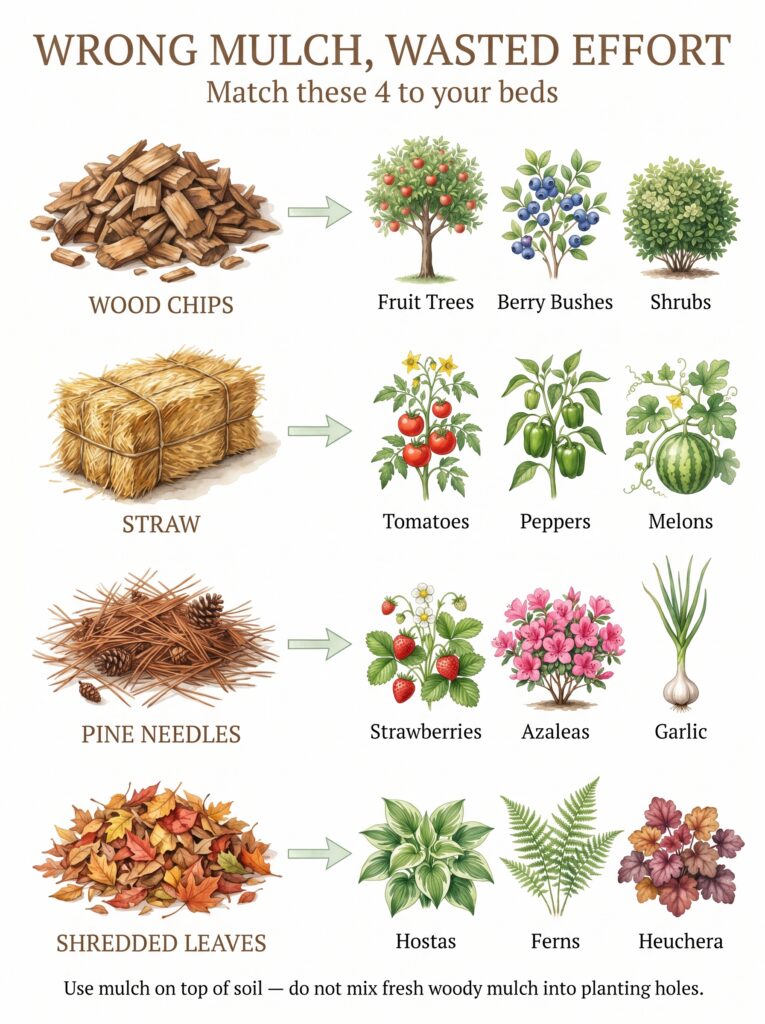 Infographic showing different types of mulch Wood Chips Straw Pine Needles Shredded Leaves and the plants they benefit w