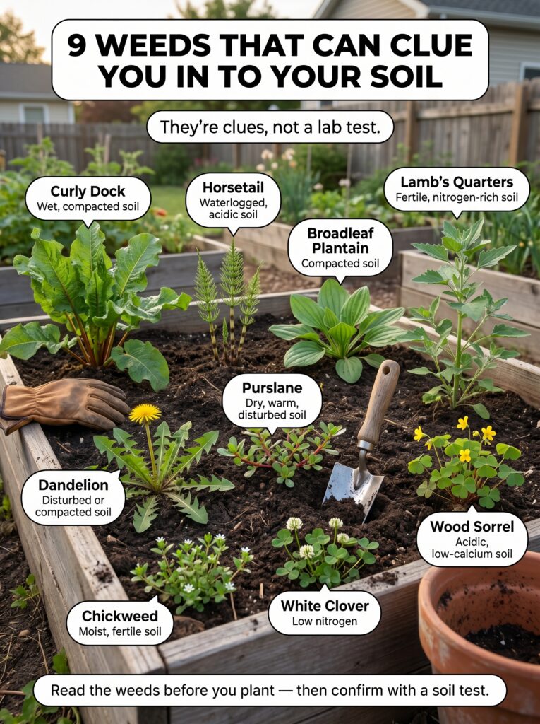An infographic illustrating 9 common weeds found in a raised garden bed each labeled with its name and what it indicates