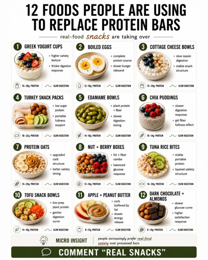 A vibrant flat lay infographic displaying 12 different real-food snacks like Greek yogurt boiled eggs nuts and fruit wit