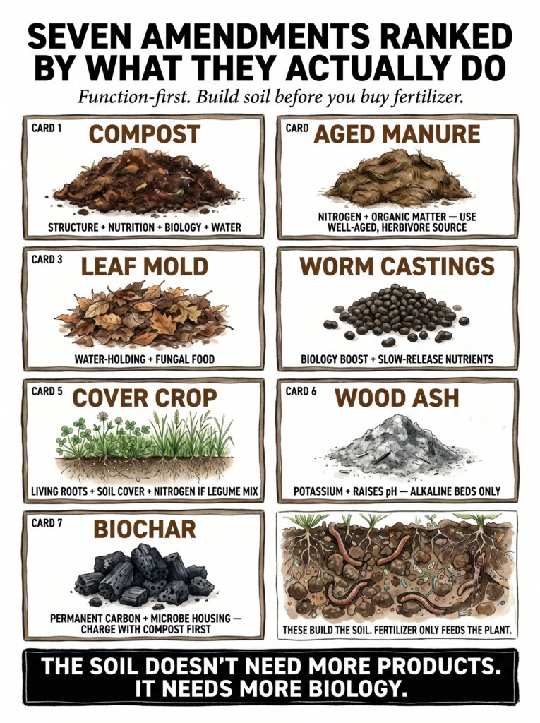 Educational infographic showing seven soil amendments and their benefits emphasizing building soil before buying fertili