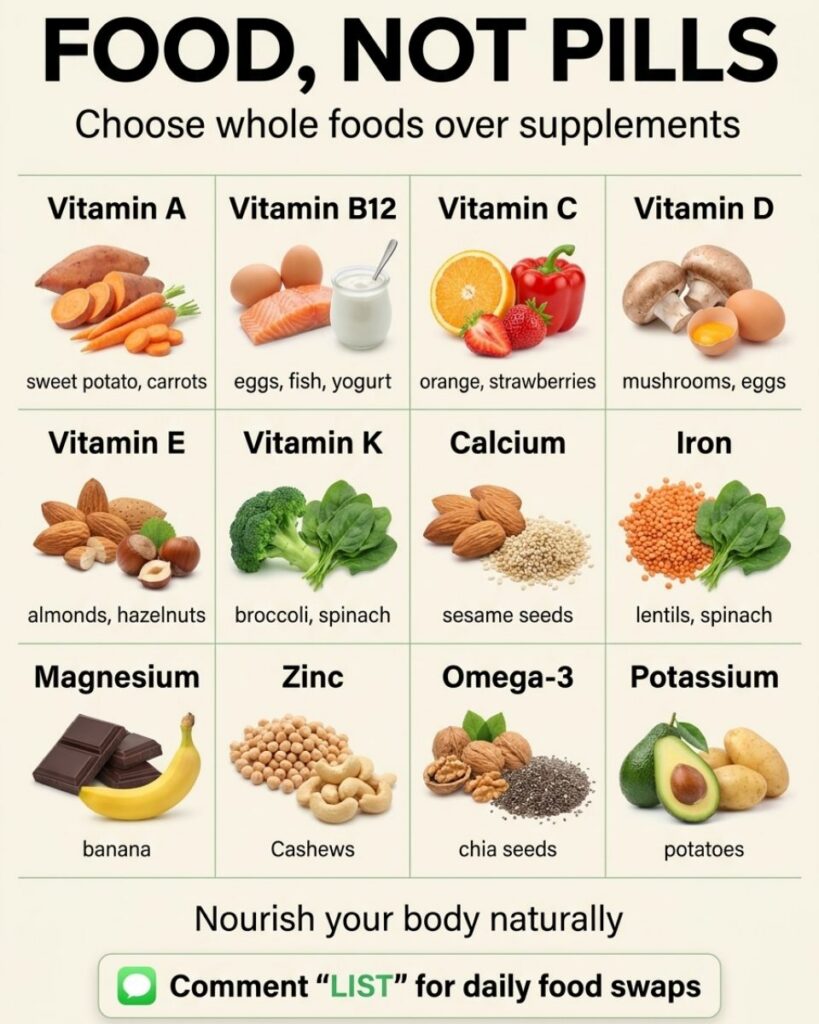 An infographic titled FOOD NOT PILLS showing 12 essential nutrients and their whole food sources like spinach for Vitami