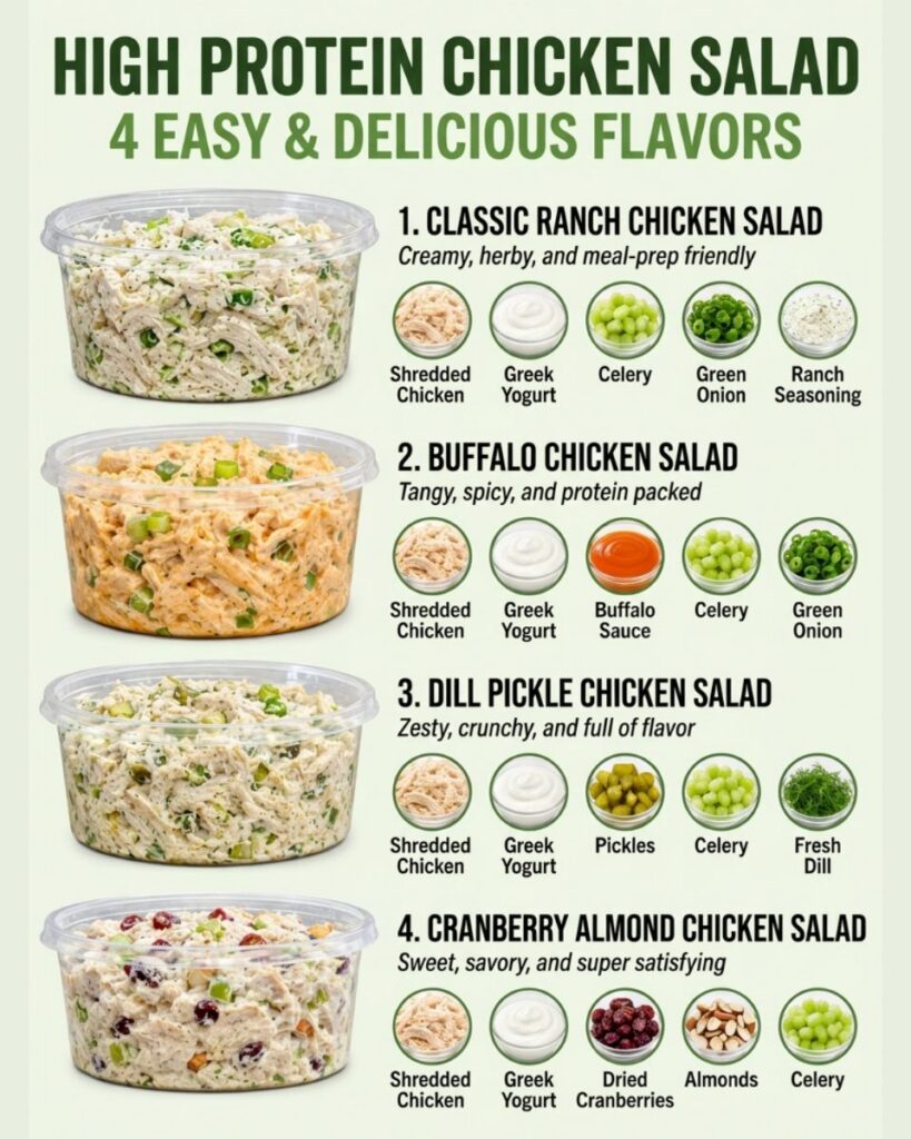 A vibrant and clean infographic illustrating High Protein Chicken Salad - 4 Easy Delicious Flavors with four distinct me