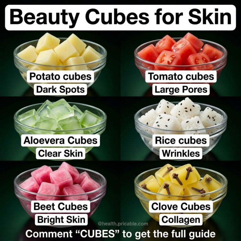 Six natural ingredients in cube form each in a glass bowl against a dark background labeled with their skin benefits