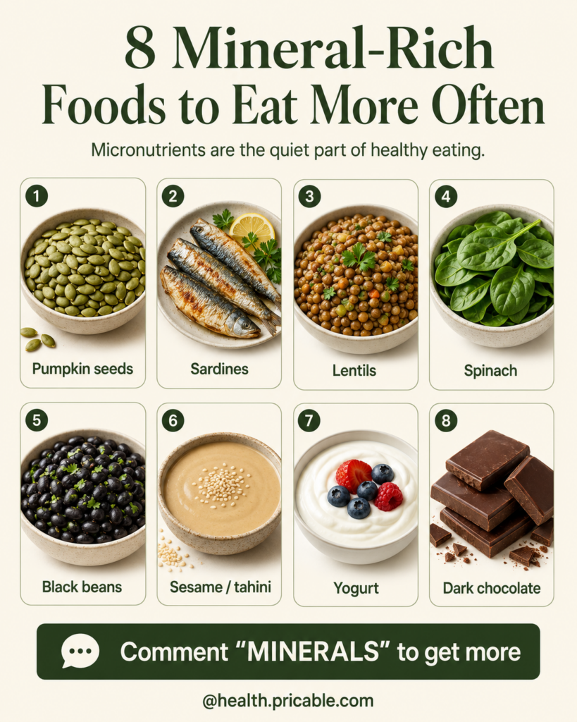 A clean modern flat lay infographic showing 8 different mineral-rich foods like spinach lentils pumpkin seeds sardines b