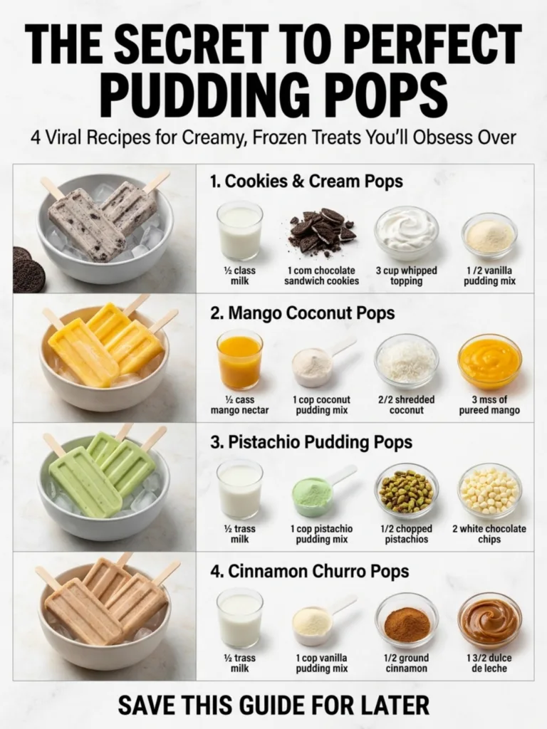 Top-down view of four vibrant healthy pudding pop flavors Cookies Cream Mango Pistachio Cinnamon Churro arranged appeali