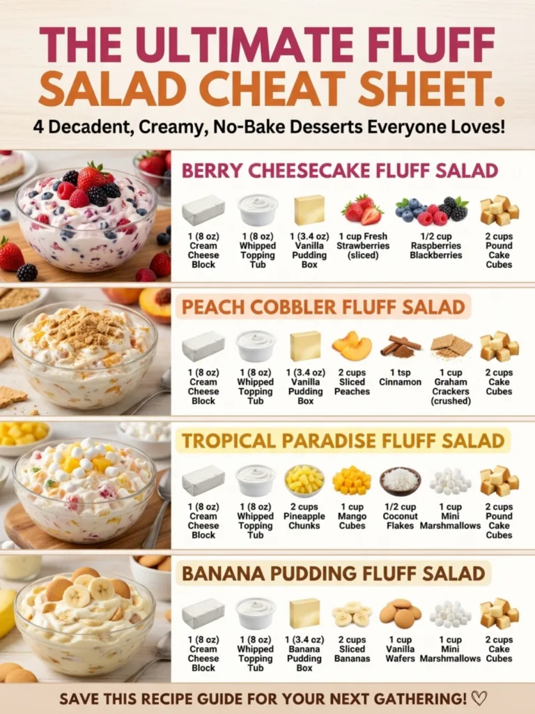 A vibrant and organized Fluff Salad Cheat Sheet displaying four creamy no-bake dessert recipes Berry Cheesecake Peach Co