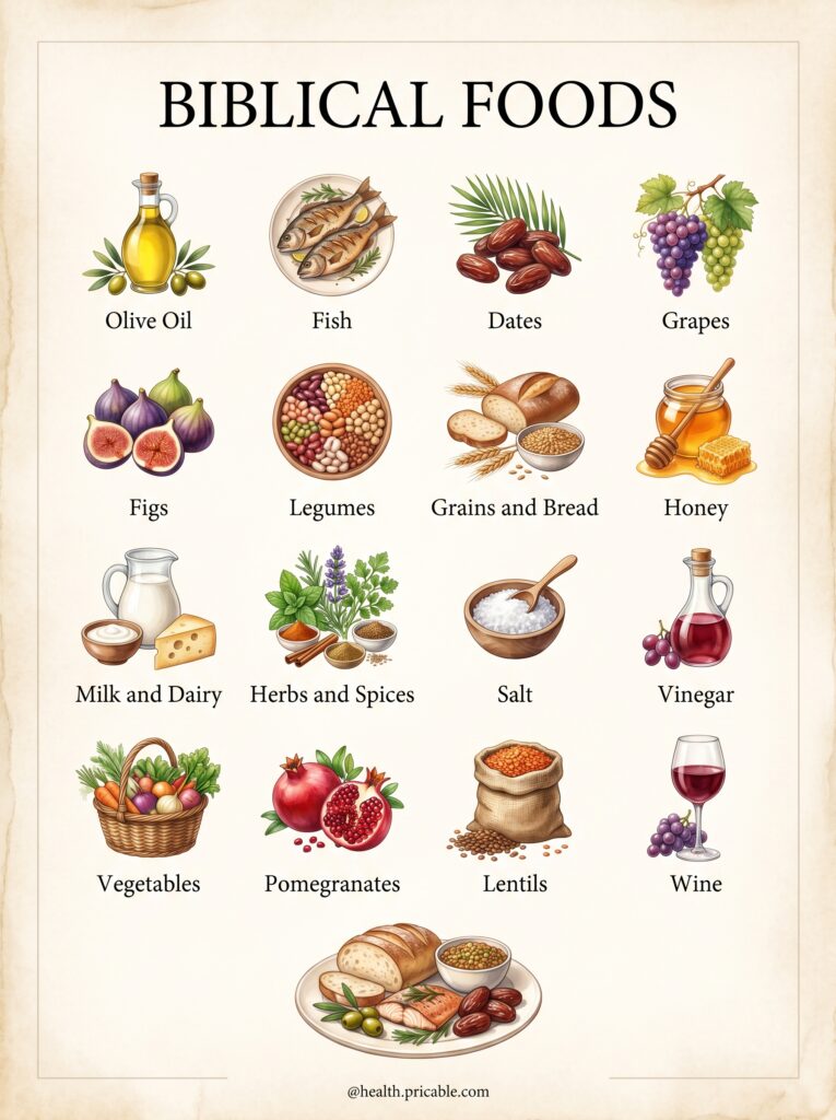 A beautiful organized infographic titled Biblical Foods with 16 hand-drawn illustrations of various food items like oliv
