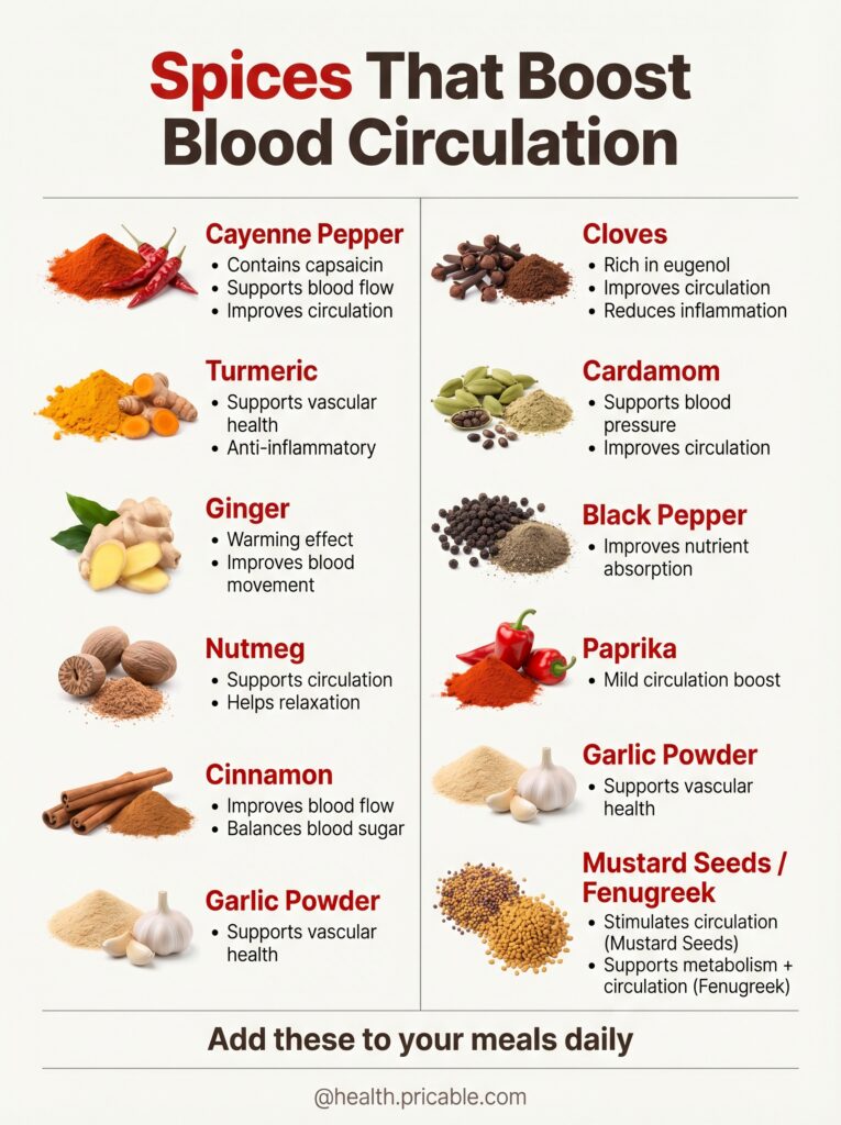 An infographic featuring various spices like cayenne turmeric ginger cinnamon garlic black pepper cloves and paprika eac