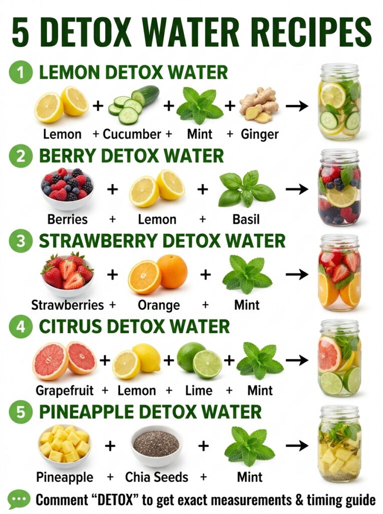 Brightly lit infographic showcasing 5 detox water recipes with ingredients like lemon cucumber mint berries and grapefru