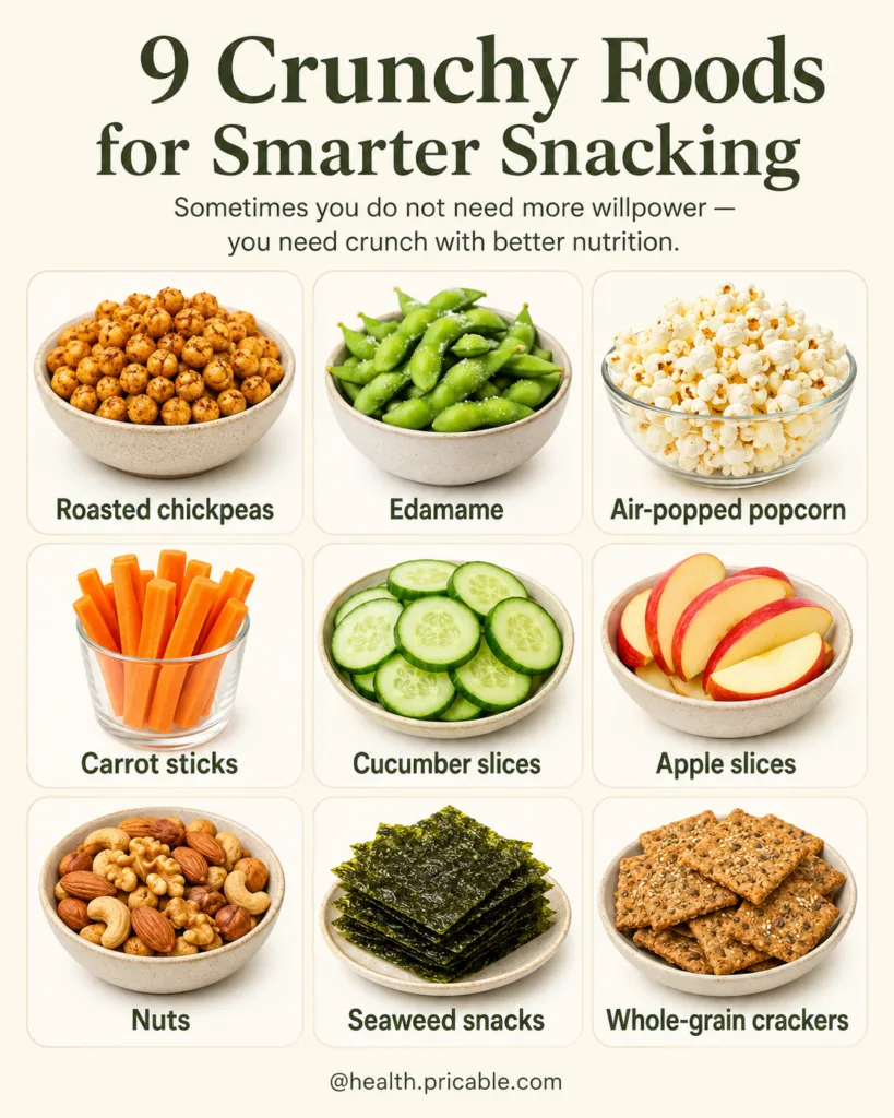 A clean visually appealing infographic showing 9 crunchy healthy snack options in a 3x3 grid Each snack is in a neutral-