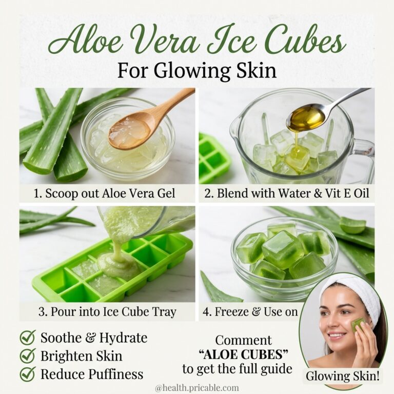 An infographic illustrating the step-by-step process of making DIY aloe vera ice cubes showing fresh aloe gel vitamin E 