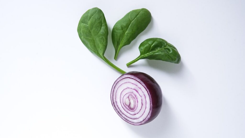 Close-up shot of raw fenugreek seeds fresh green curry leaves and sliced red onions on a clean surface highlighting thei