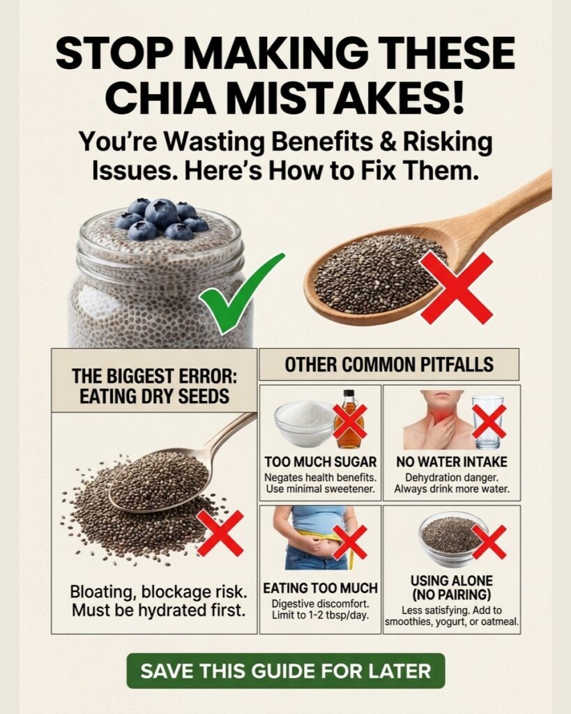 An infographic titled STOP MAKING THESE CHIA MISTAKES showing correct hydrated chia pudding versus incorrect dry chia se