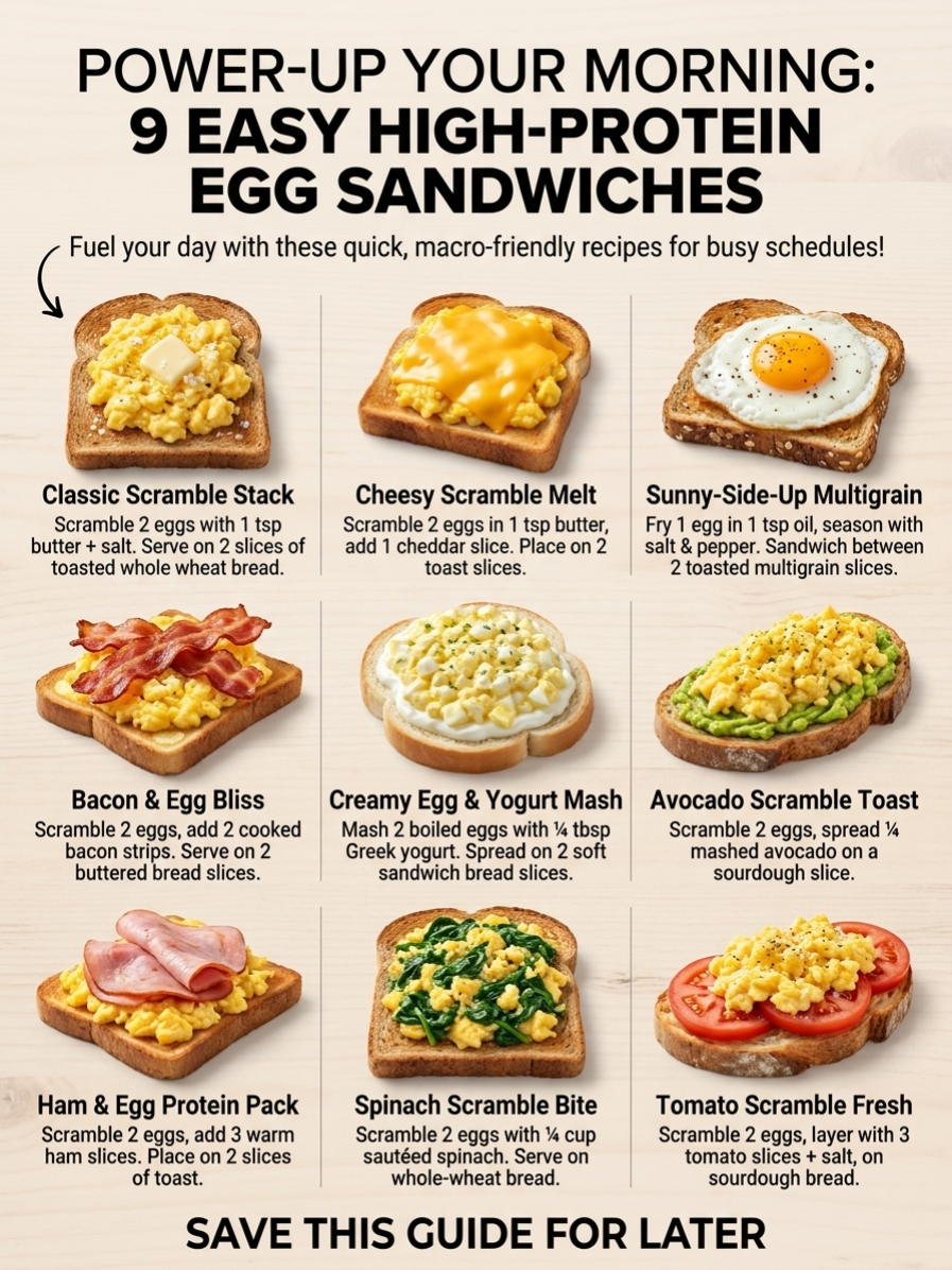 A vibrant Pinterest-friendly overhead shot of nine different high-protein egg sandwiches arranged in a 3x3 grid on a cle