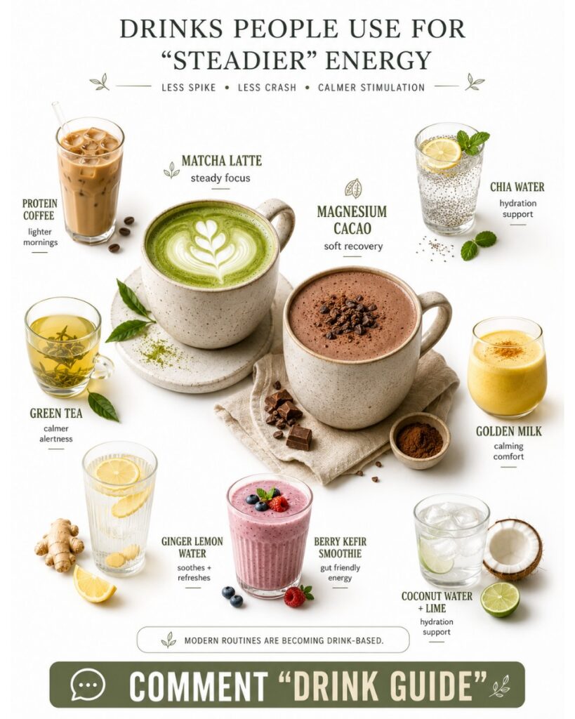 An overhead flat lay of nine different healthy drinks for steady energy arranged aesthetically with their core ingredien