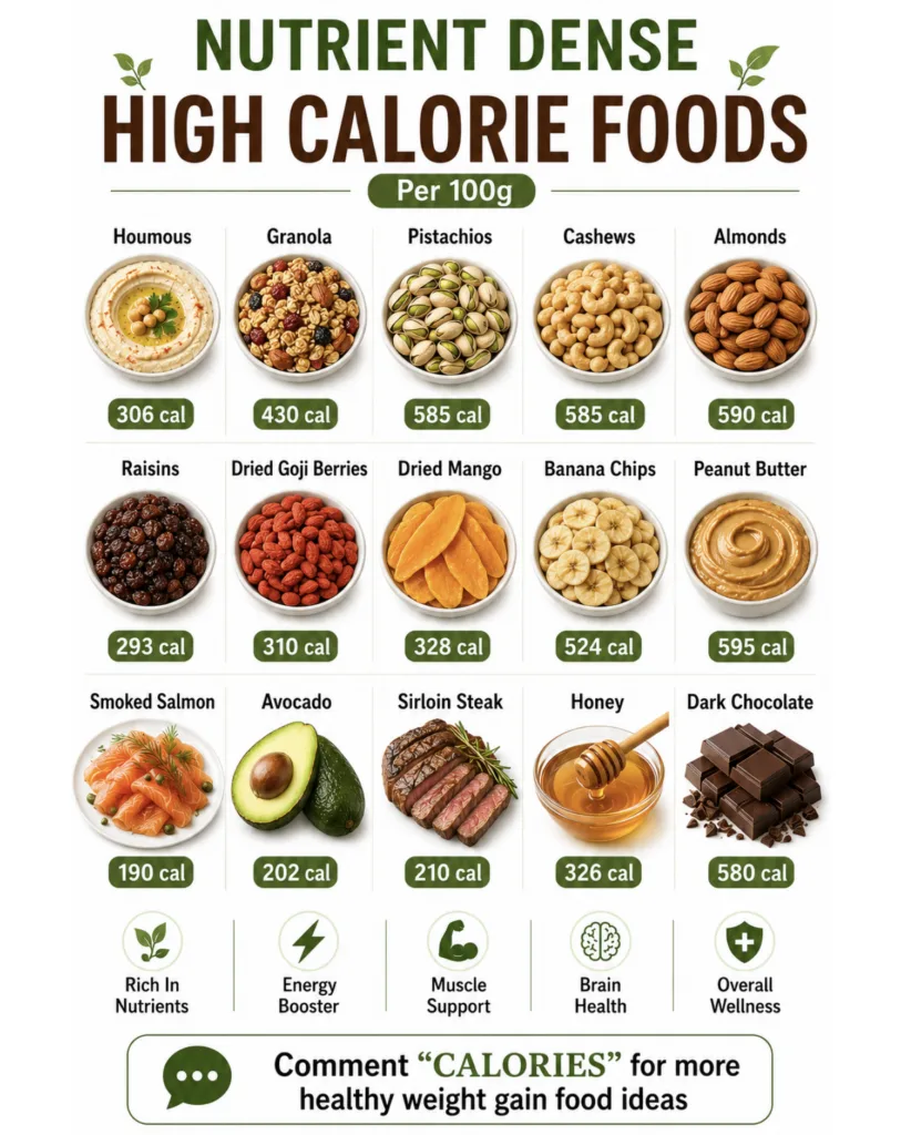 An infographic titled Nutrient Dense High Calorie Foods displaying 15 different food items in a grid with their calorie 