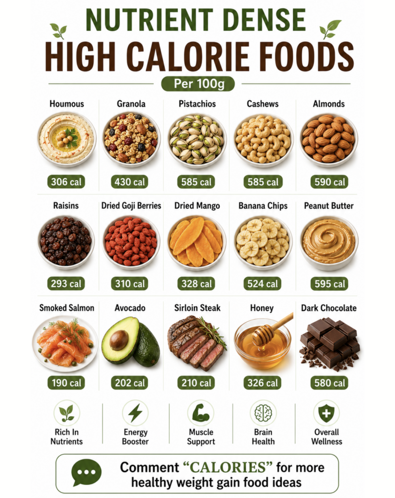 An infographic titled Nutrient Dense High Calorie Foods displaying 15 different food items in a grid with their calorie 