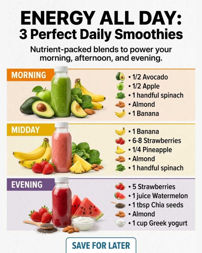 A brightly lit infographic detailing three different smoothie recipes designed to provide energy throughout the day The 