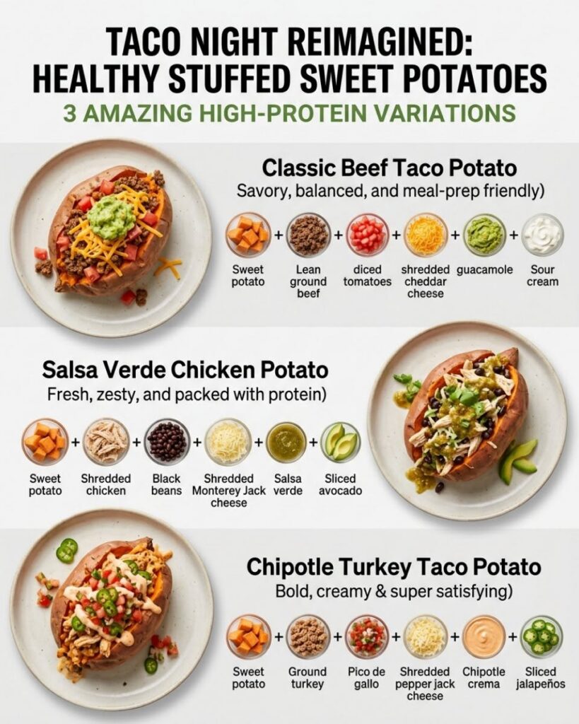 An infographic titled Taco Night Reimagined showcasing three distinct healthy stuffed sweet potato recipes Each recipe f
