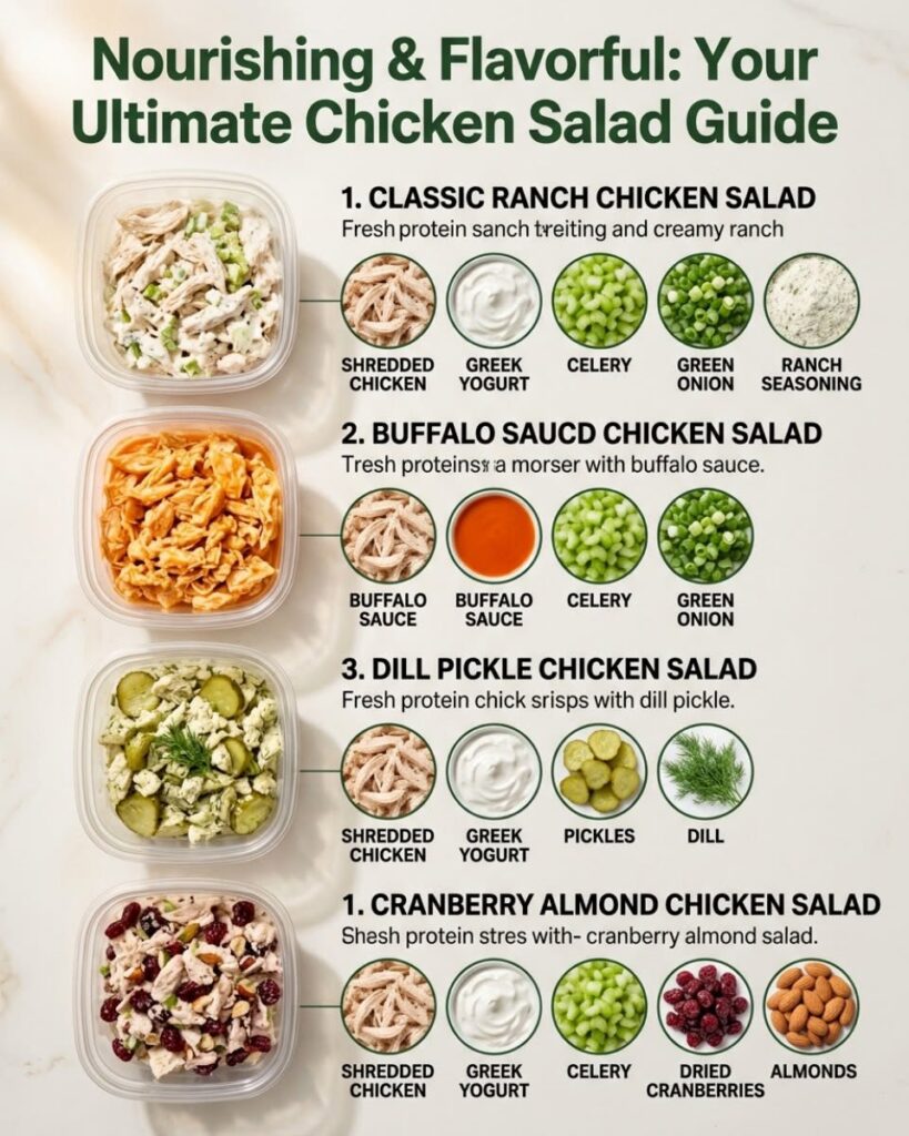 A brightly lit top-down infographic displaying four distinct chicken salad recipes in transparent meal prep containers E