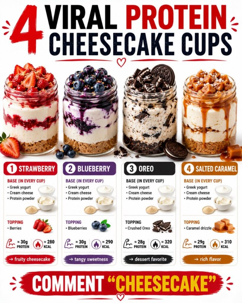 An infographic showcasing four different viral protein cheesecake cups Strawberry Blueberry Oreo and Salted Caramel Each