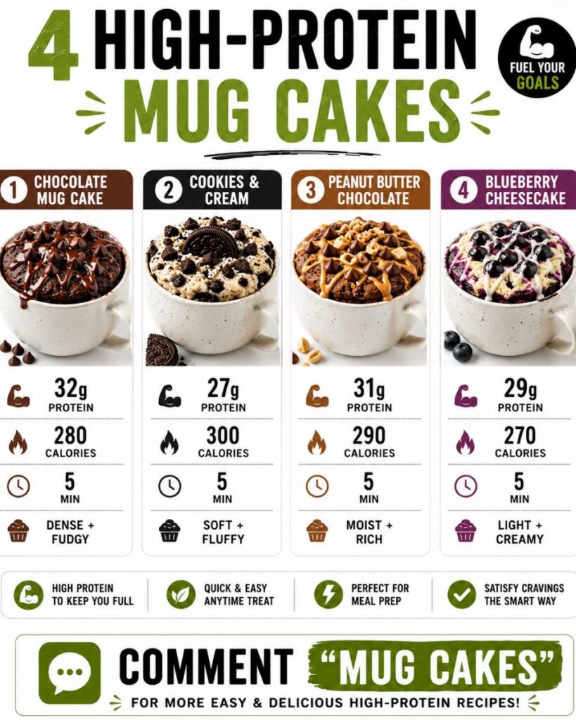 An infographic showing four different high-protein mug cake flavors with their nutritional facts and quick preparation t