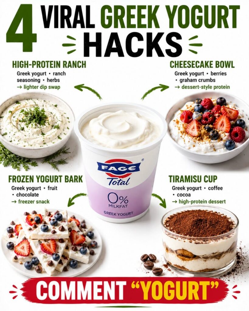 A vibrant spread showcasing a tub of Greek yogurt surrounded by four distinct healthy creations high-protein ranch dip a
