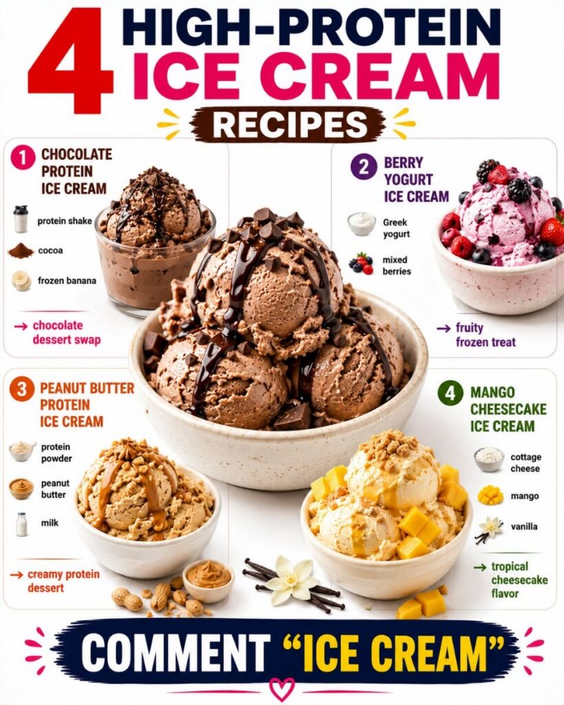 A vibrant and clean infographic displaying four different high-protein ice cream flavors chocolate berry yogurt peanut b
