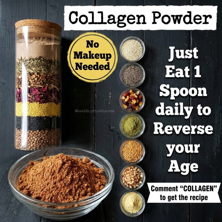 A rustic top-down flat lay showing a glass jar with layered dry ingredients a bowl of brown collagen powder and several 