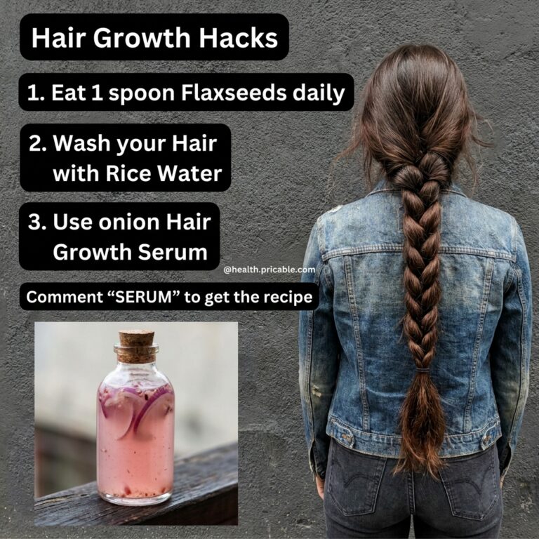 A composite image showing a person with a long healthy braid alongside text tips for hair growth flaxseeds rice water on