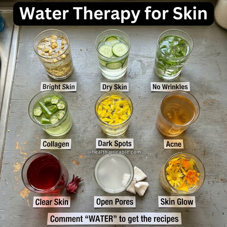 A flat-lay arrangement of nine glasses each containing water infused with different natural ingredients on a rustic wood